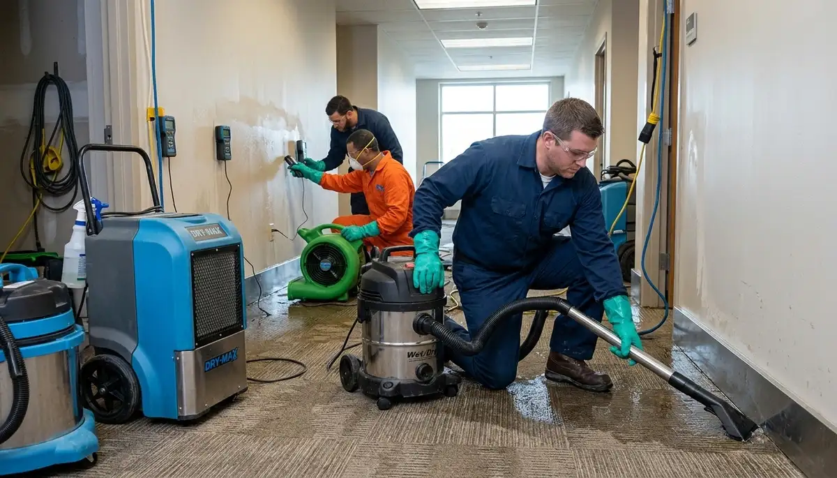 Commercial water damage restoration team in Port Charlotte, FL drying flooded property after storm damage