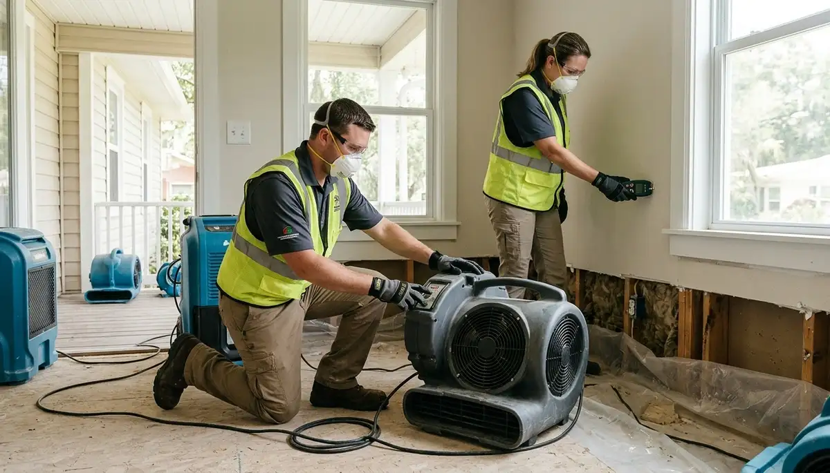 Water damage restoration team in Port Charlotte, FL inspecting and drying a damaged property