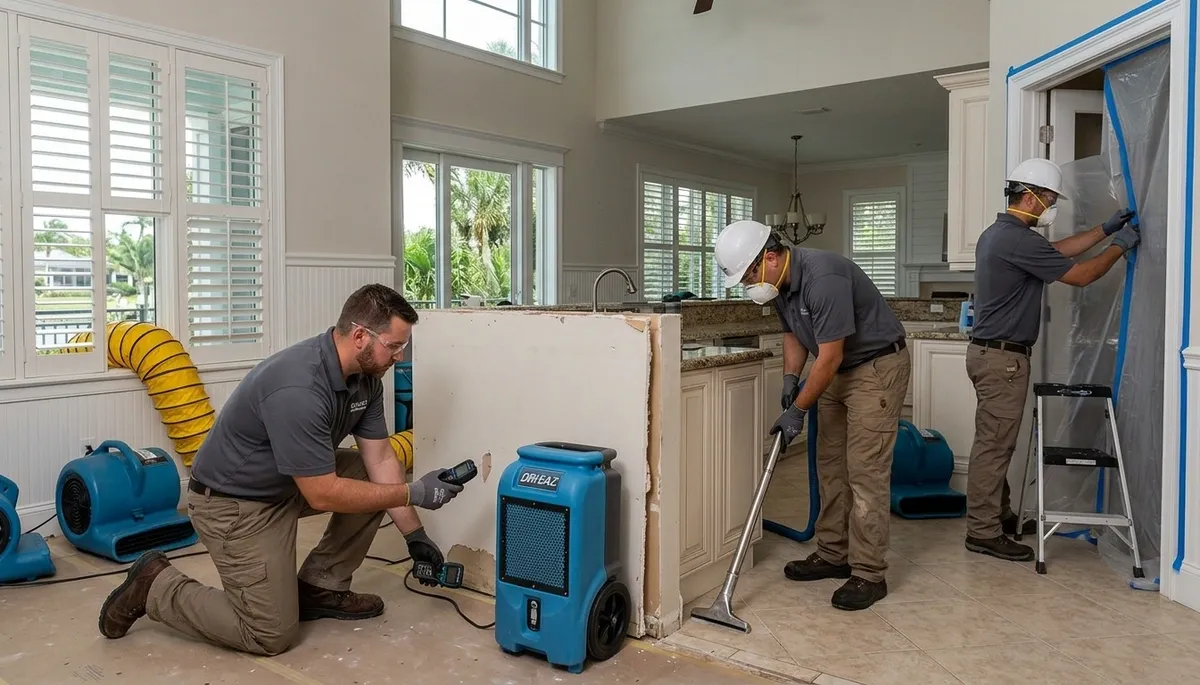 Water damage restoration team in Port Charlotte, FL inspecting a damaged home