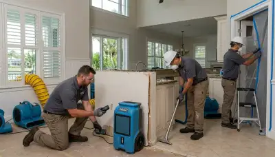 Water damage restoration team in Port Charlotte, FL inspecting a damaged home