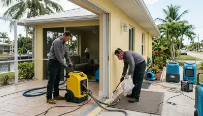 Water damage restoration crew in Port Charlotte, FL inspecting a flooded property