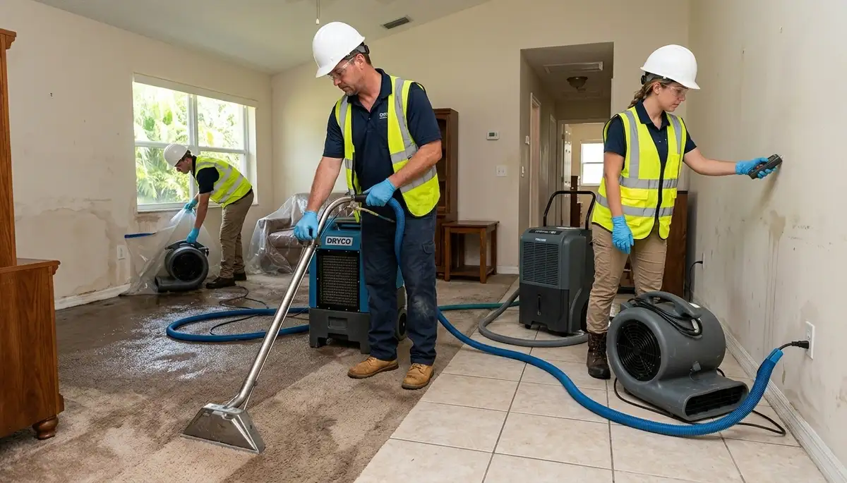 Water damage restoration team in Port Charlotte, FL performing emergency water extraction and cleanup