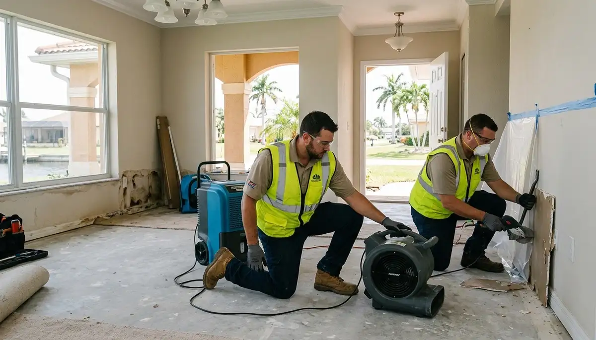 Water damage restoration team in Port Charlotte, FL inspecting a damaged home for repairs